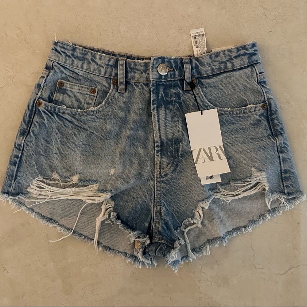 Zara Light Blue Ripped Denim Shorts